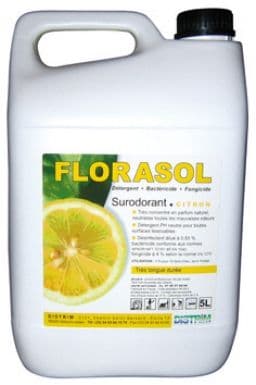 White jerry can of Florasol lemon-scented detergent featuring a sliced lemon on its label.