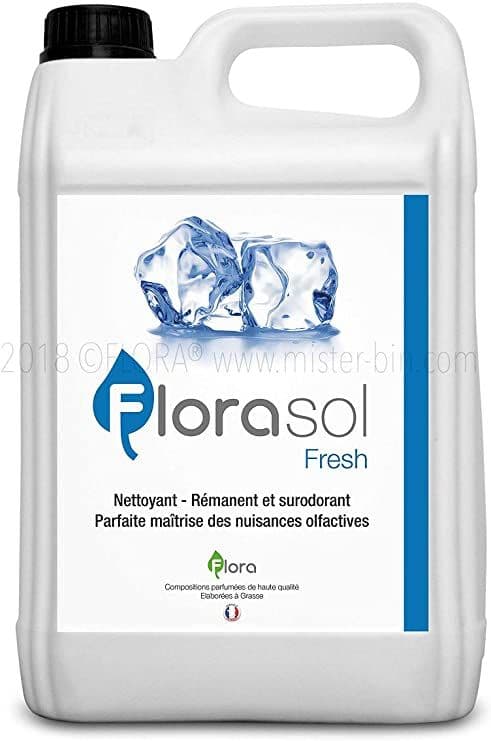 White jerrycan of Flora sol Fresh cleaner with ice cubes on the label.
