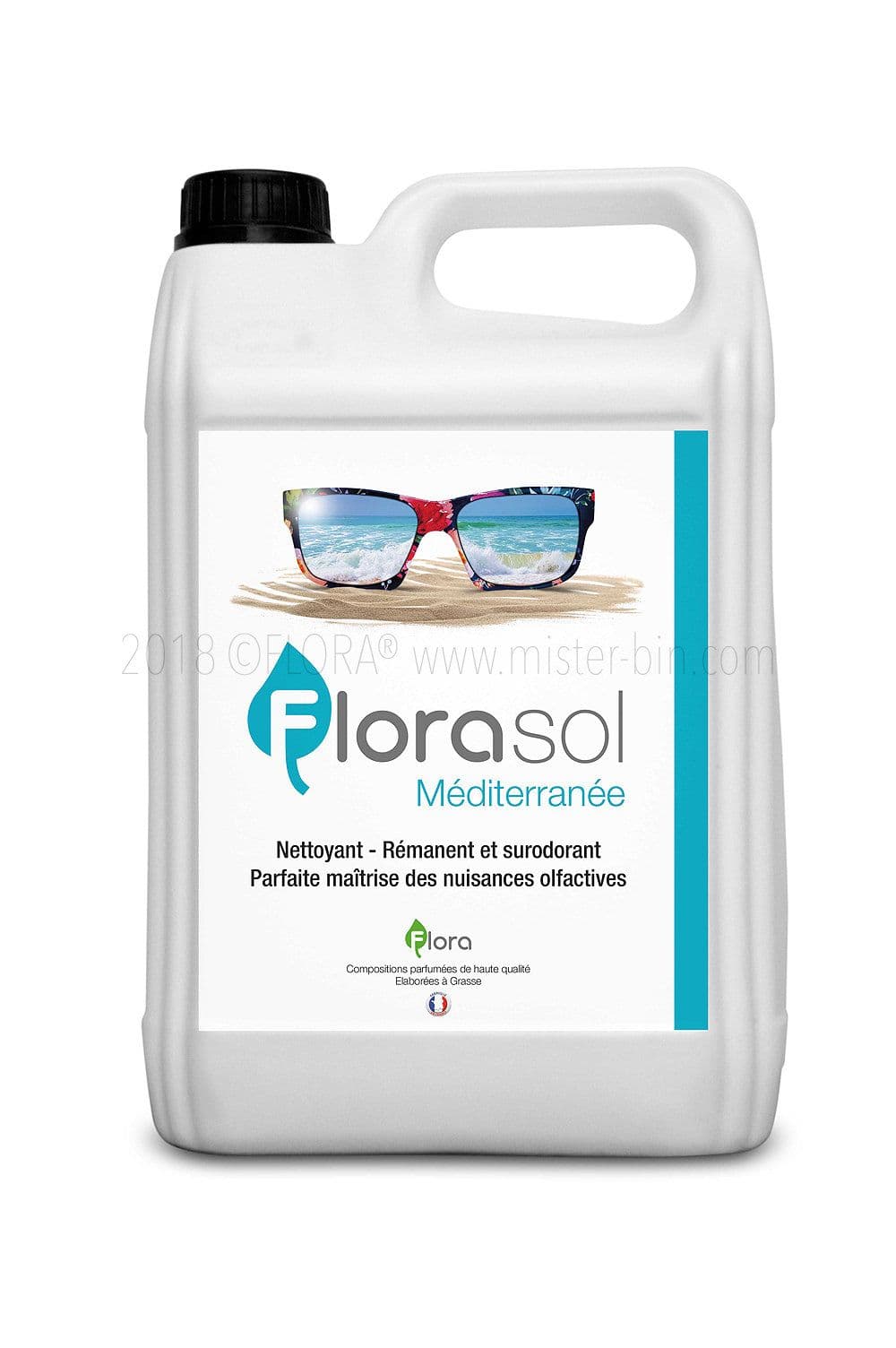 White Florasol Biodegradable bottle with blue sunglasses logo for cleaning products.
