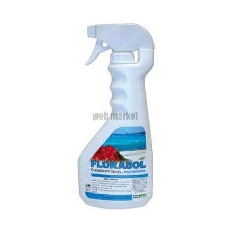 White spray bottle with a blue label, red flowers, and 'FLORASOL' text.