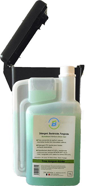 Green bottle of OXYSEPT Chloride Supreme disinfectant inside a black wall-mounted dispenser.